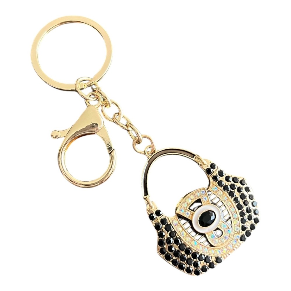 Women's Gold Black Key Chain Purse Handbag Charm Rhinestone Crystal 4in